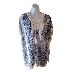Chicos Crochet Trim Pullover Tunic Poncho Tassels Women's XL Blue White Boho